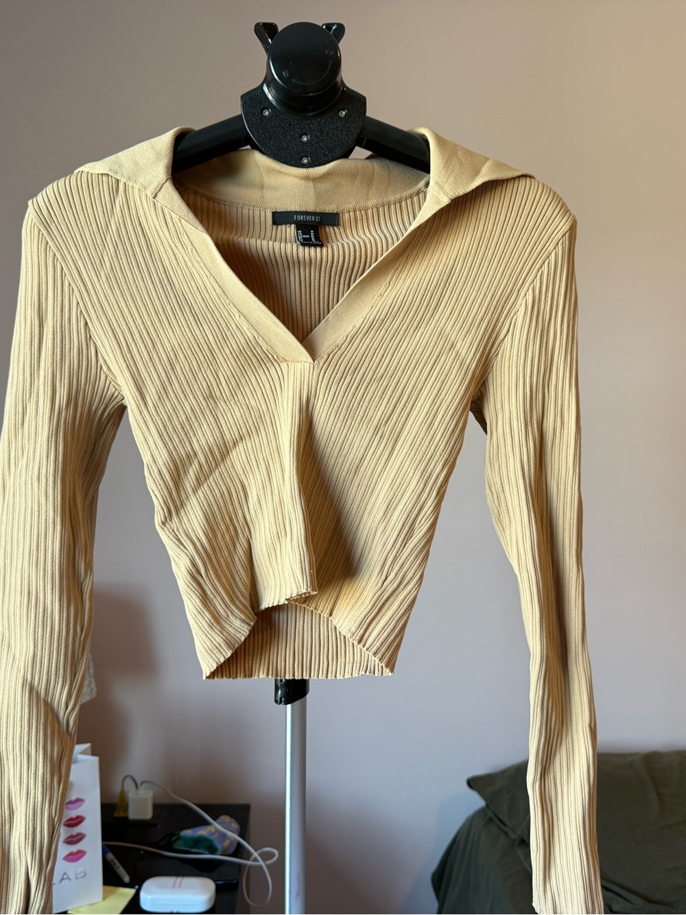 Forever 21 Cream Ribbed Cropped V-Neck Hooded Top